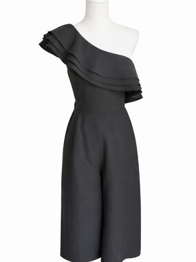 C/MEO Collective Black Ruffled One Shoulder Wide Leg Cropped Jumpsuit Medium